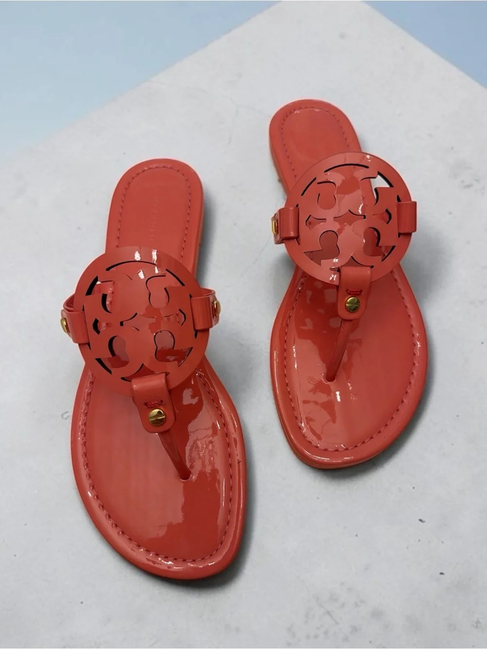 Tory Burch Coral Patent Logo Thong Sandals